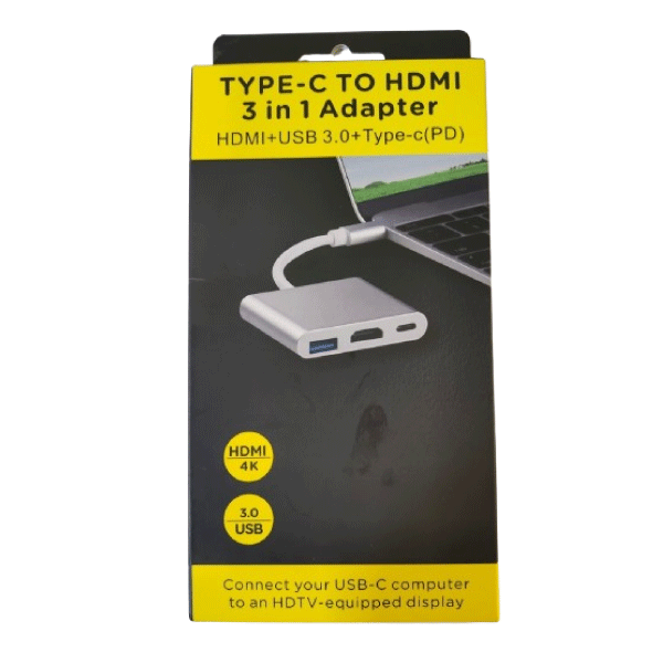 Memoz USB 3.1 Type C To HDMI HDTV Hub Adapter – With USB 3.0 And PD – 3 Way Splitter – Silver